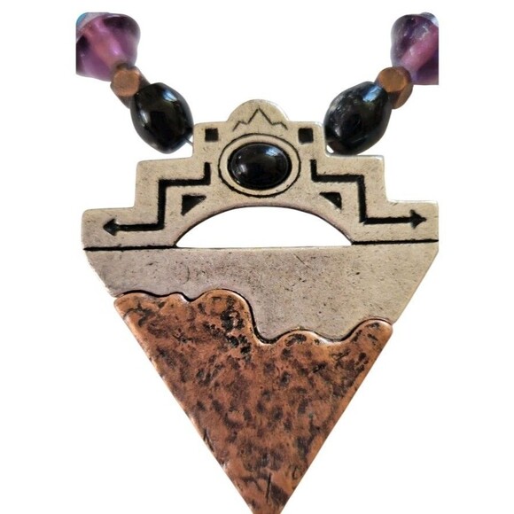 New Chico's Aztec Arrow Art Glass Bead Silver Copper Tone Necklace Earrings Set - Picture 3 of 7